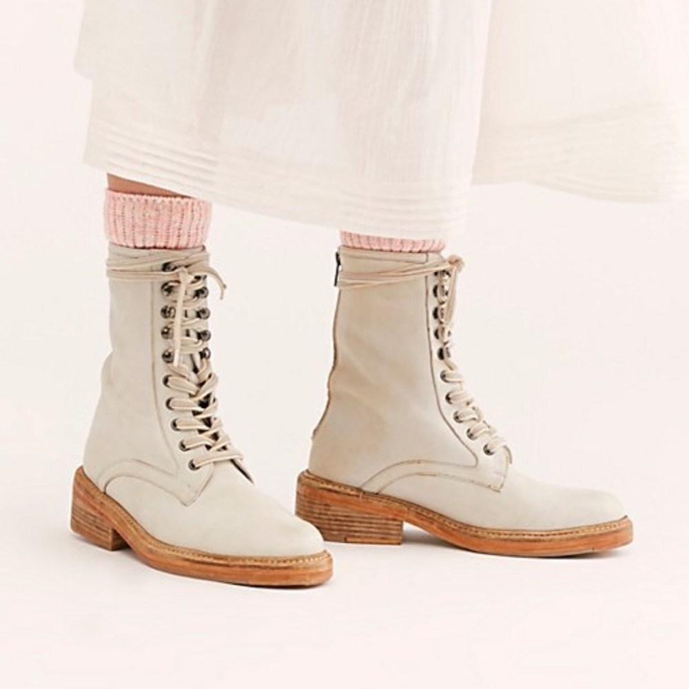 Free People Cream Lace-Up Leather Heeled Boots
